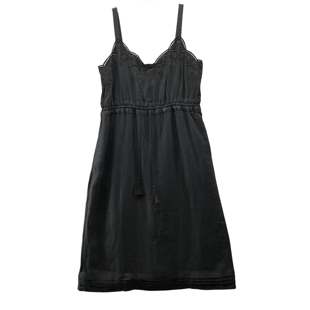 J.Crew 100% Linen Midi Dress Size 6 Black Embroidered Cami Sleeveless A-Line